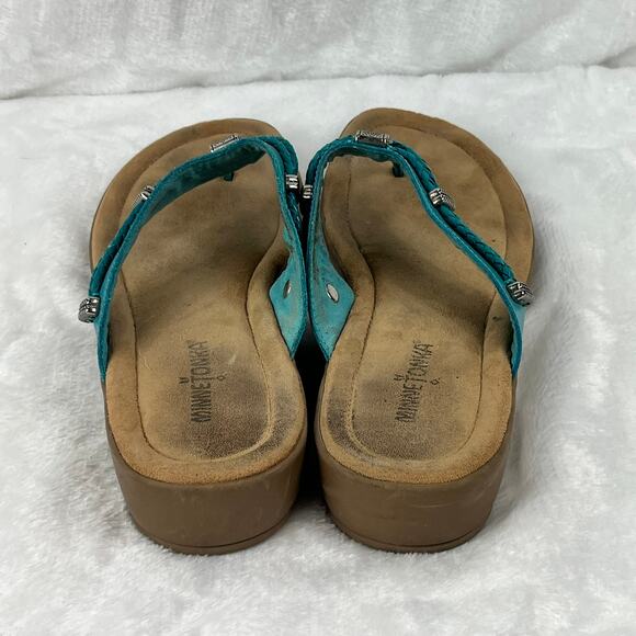 Minnetonka Turquoise Leather Concho Thong Sandals Size 9 Slip-On Comfort Casual - Picture 3 of 8